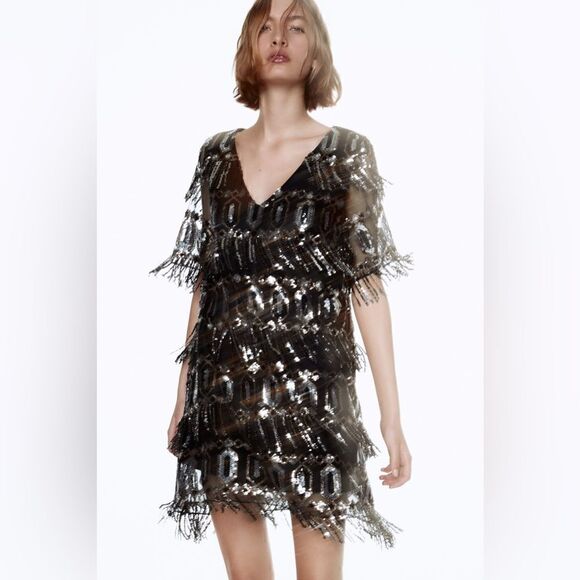 ZARA SEQUINED FRINGED DRESS - Picture 9 of 16